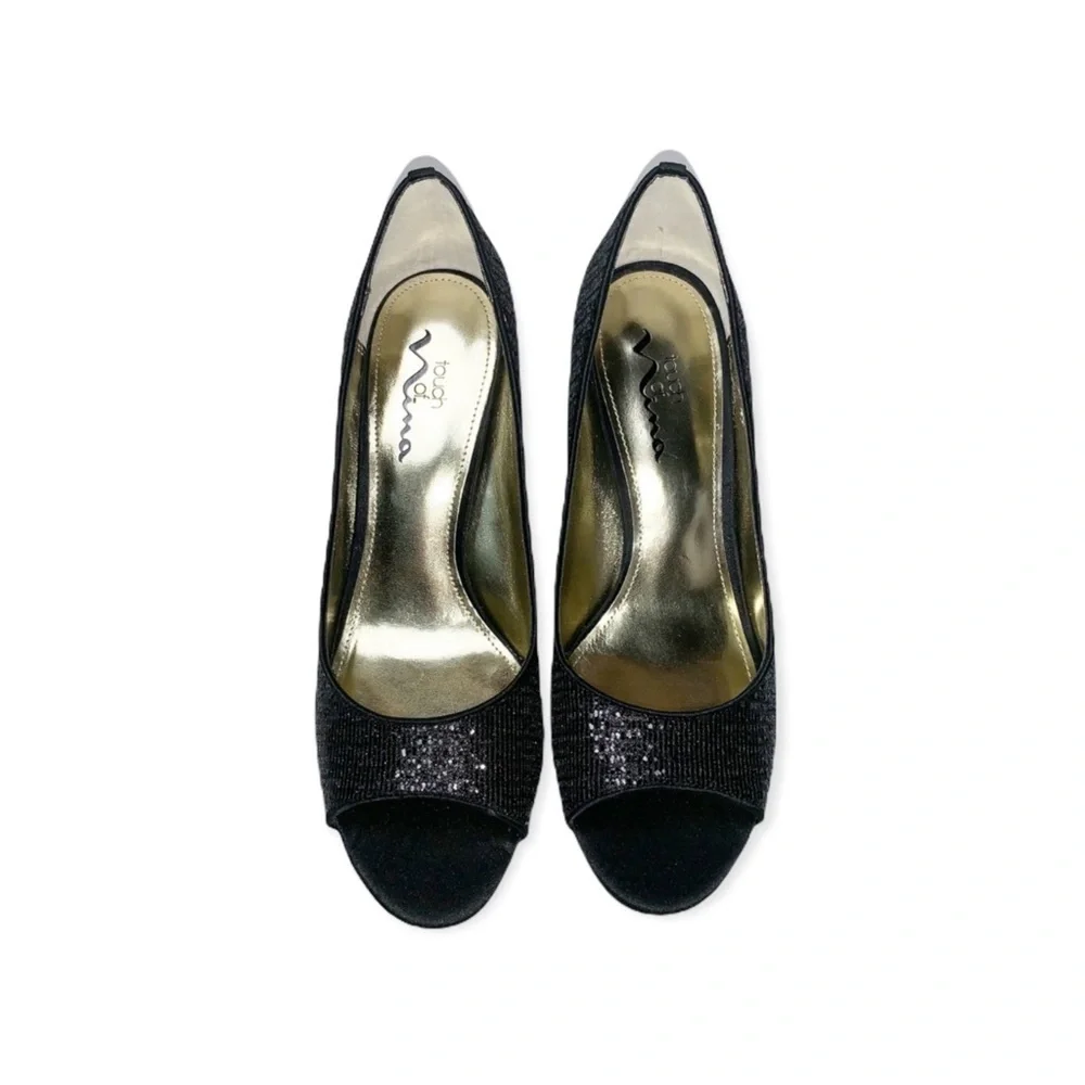TOUCH OF NINA Black Glitter Peep Toe Heels 9 NWT